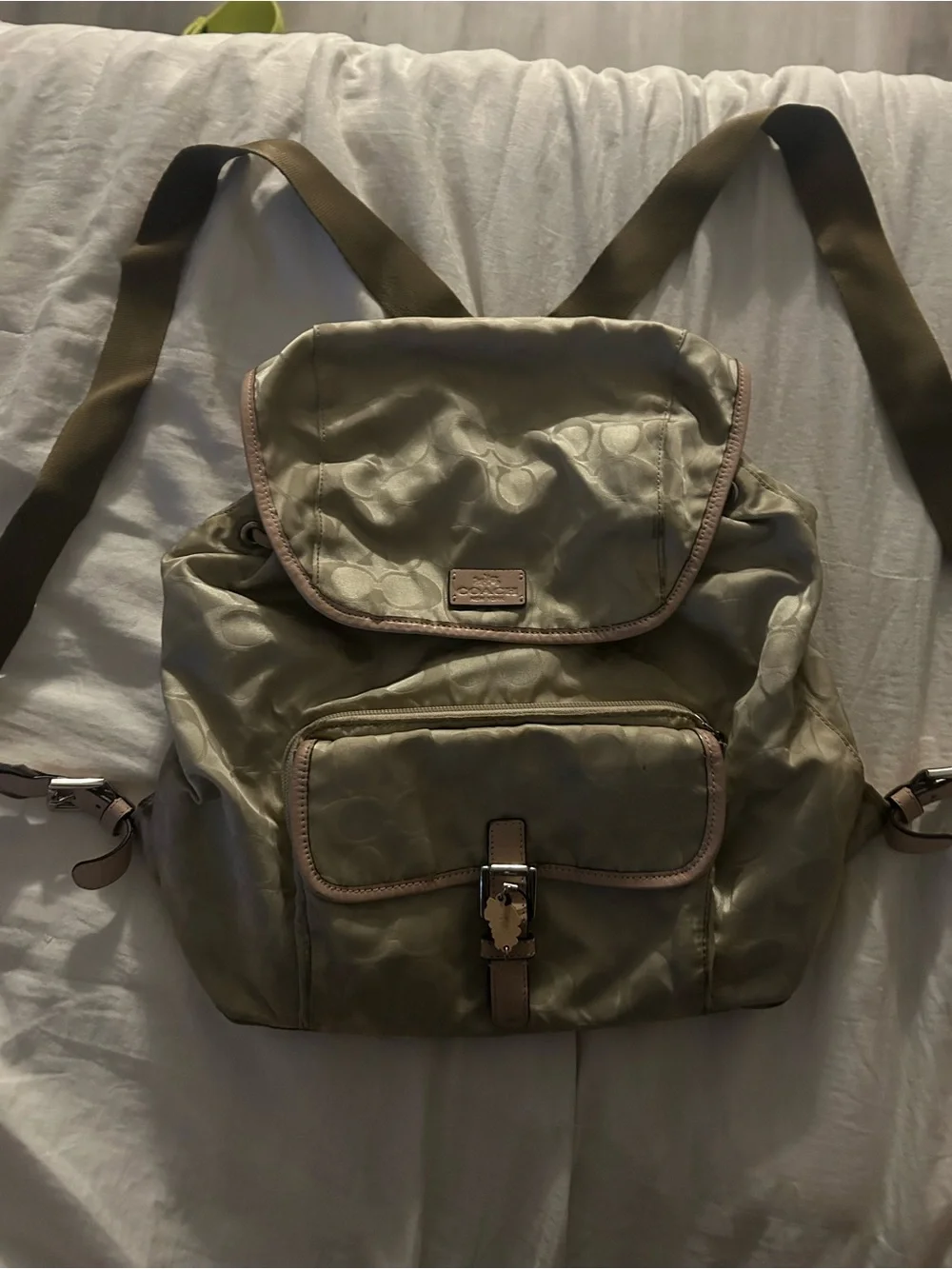 Coach Beige/Gold Signature Nylon Backpack with Tan Trim